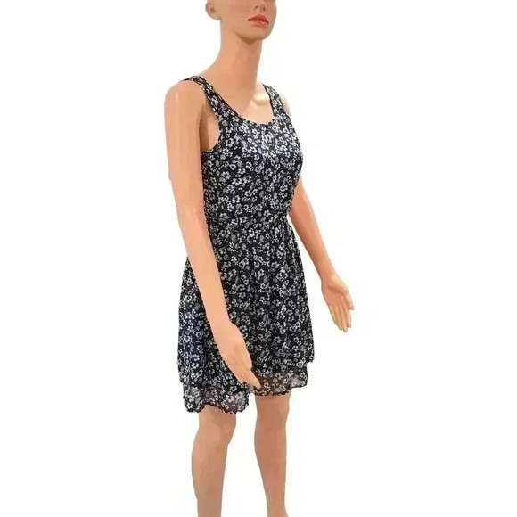Navy Blue Floral Sleeveless Dress with Elastic Waist - Picture 5 of 6